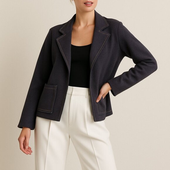 Sioni Structured Knit Blazer Cardigan Navy Blue Open Front Sweater Jacket Size L - Picture 1 of 4